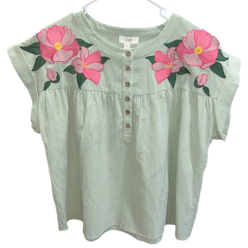 Oddi Embroidered Floral Boho Blouse Sage Green Pink Top NWT Small - Picture 5 of 7
